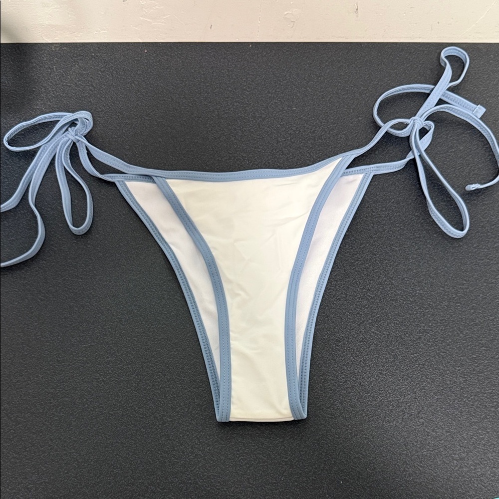 SHEIN White Bikini Bottom with Light Blue Trim and Side Ties